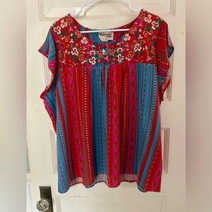 Women’s Red & Turquoise Floral Yoke Embroidered Boho Top, Size 2X